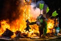 Valencia, Spain - March 19, 2019: Detail of a Falla Valenciana burning between flames of fire