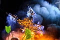 Valencia, Spain - March 19, 2019: Detail of a Falla Valenciana burning between flames of fire