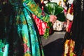 Valencia, Spain - March 17, 2019: Detail of the typical fallero dress, during the colorful and traditional parade of the offering Royalty Free Stock Photo