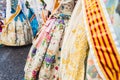 Valencia, Spain - March 17, 2019: Detail of the typical fallero dress, during the colorful and traditional parade of the offering Royalty Free Stock Photo