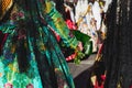 Valencia, Spain - March 17, 2019: Detail of the typical fallero dress, during the colorful and traditional parade of the offering Royalty Free Stock Photo