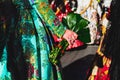 Valencia, Spain - March 17, 2019: Detail of the typical fallero dress, during the colorful and traditional parade of the offering Royalty Free Stock Photo