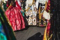 Valencia, Spain - March 17, 2019: Detail of the typical fallero dress, during the colorful and traditional parade of the offering Royalty Free Stock Photo