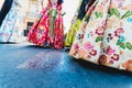 Valencia, Spain - March 17, 2019: Detail of the typical fallero dress, during the colorful and traditional parade of the offering Royalty Free Stock Photo