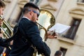 Valencia, Spain, March 17, 2019. Fallas Festival of Valencia. Musician playing the trumpet, located in center of Valencia