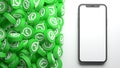 Valencia, Spain - March, 2021: heap of WhatsApp icons with mobile phone mockup isolated on a white background in 3D rendering.
