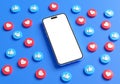 Valencia, Spain - March, 2023: iPhone mockup blank screen surrounded by Facebook like buttons on a blue background in 3D rendering