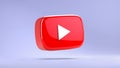 Valencia, Spain - March, 2021: Isolated YouTube play button in 3D rendering. You tube video icon, logo symbol red banner, social