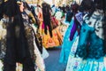 Valencia, Spain - March 17, 2019: Several of the thousands of women Falleras who parade down the street of La Paz with their
