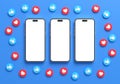 Valencia, Spain - March, 2023: Three iPhone mockups blank screen surrounded by Facebook like buttons on a blue background in 3D