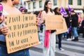 Valencia, Spain - March 8, 2020: Young women holding placards with messages for feminist women`s equality during a protest rally