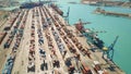 VALENCIA, SPAIN - OCTOBER 2, 2018. Aerial view of big seaport container yard and docked cargo ships