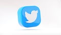 Valencia, Spain - October, 2021: Isolated Twitter logo bird icon, floating blue symbol for smartphones on white in 3D rendering.