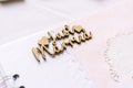 Valencia, Spain - October 20, 2018: Wooden sign with the word Just Married on a photo book Royalty Free Stock Photo