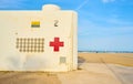 Valencia, Spain; 05/25/2020. Lifeguard station of the Red Cross of the Malvarrosa Beach in Valencia Royalty Free Stock Photo