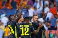 Juventus players celebrate the victory at the UCL match between Valencia CF and Juventus FC