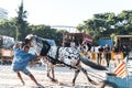 Horse pulling is a draft horse competition where horses in harness,pull a weighted sled Royalty Free Stock Photo