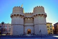 Valencia, Spain, serrano towers, flag, castle, mediaval wall of valencia