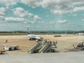 Several aircraft, including a Boeing plane of the Ryanair airline at Manises airport in Valencia, cloudy