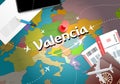 Valencia travel concept map background with planes, tickets. Visit Valencia travel and tourism destination concept. Valencia flag