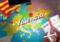 Valencia travel concept map background with planes, tickets. Visit Valencia travel and tourism destination concept. Valencia flag