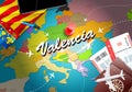 Valencia travel concept map background with planes, tickets. Visit Valencia travel and tourism destination concept. Valencia flag
