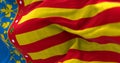 Valencian Community flag waving. Autonomous community of Spain. Four red bars on yellow, blue strip next to hoist. 3d illustration