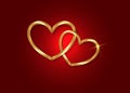 Marriage rings. Two golden interlocking hearts isolate on red background. 3d vector illustration happy valentine