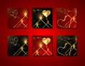 Set of Valentines Day square greeting cards. Elegant luxury set Happy Valentine`s Day greeting black card templates, Golden cards Royalty Free Stock Photo