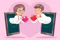 Valentin Day Internet Cute Happy Businesswoman Businessman Hold Greeting Love Heart Mobile Phone Background Cartoon Royalty Free Stock Photo