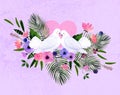 Floral watercolor postcard with doves