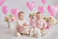 Valentine Baby boy and girl. Valentine`s Day. Balls and flowers. Celebration. Mother`s day postcard. International day of