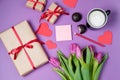 Valentine background with gift box, sweet, hearts and tulips on Royalty Free Stock Photo