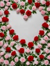 Valentine background for a greeting card, postcard, banner. Delicate roses in a heart shape frame. Heart of roses. 14th february.