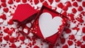 valentine background with heart A red gift box with a white heart-shaped cutout on it. The box is filled with confetti and candy,