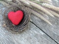 Valentine background ,red heart on bird nest with grass Royalty Free Stock Photo