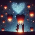 A couple is releasing heart-shaped lanterns into the night sky