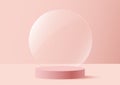 Valentine background vector 3d pink rendering with tranparant glass, 3d rendering valentine love pink pastel podium