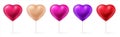 Valentine balloons. Realistic 3D red, pink and purple inflated forms. Heart shaped romantic decorative elements. Glossy