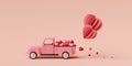 Valentine banner background of truck full of heart shape balloon with gift box