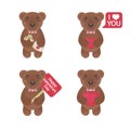 Valentine bear set with flowers and lovely letter, heart, sign i love you and