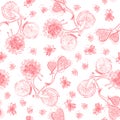 Valentine bicycles with hearts balloons and flowers bouquets. Seamless pattern, monochrome red