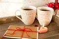 Valentine greeting card with two cups on wooden tray Royalty Free Stock Photo