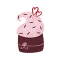 Valentine cake.Muffins with chocolate and heart. A bakery with a heart and a bow for Valentine's Day. Vector