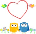 Valentine card with bird couple, owls and heart