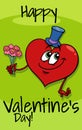 Valentine card with cartoon heart in love with flowers