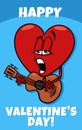 Valentine card with cartoon heart in love playing a guitar