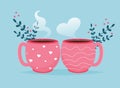 Valentine card with coffee cups Love you banner. Romantic holiday Valentine Day poster or greeting card.