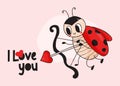 Valentine card with cute ladybug Amur. Funny winged insect ladybird with with bow and arrow heart. I love you. Vector