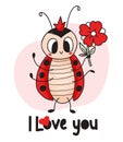 Valentine card with cute ladybug. Insect funny ladybug girl in crown with flower. I love you. Vector illustration. Hand